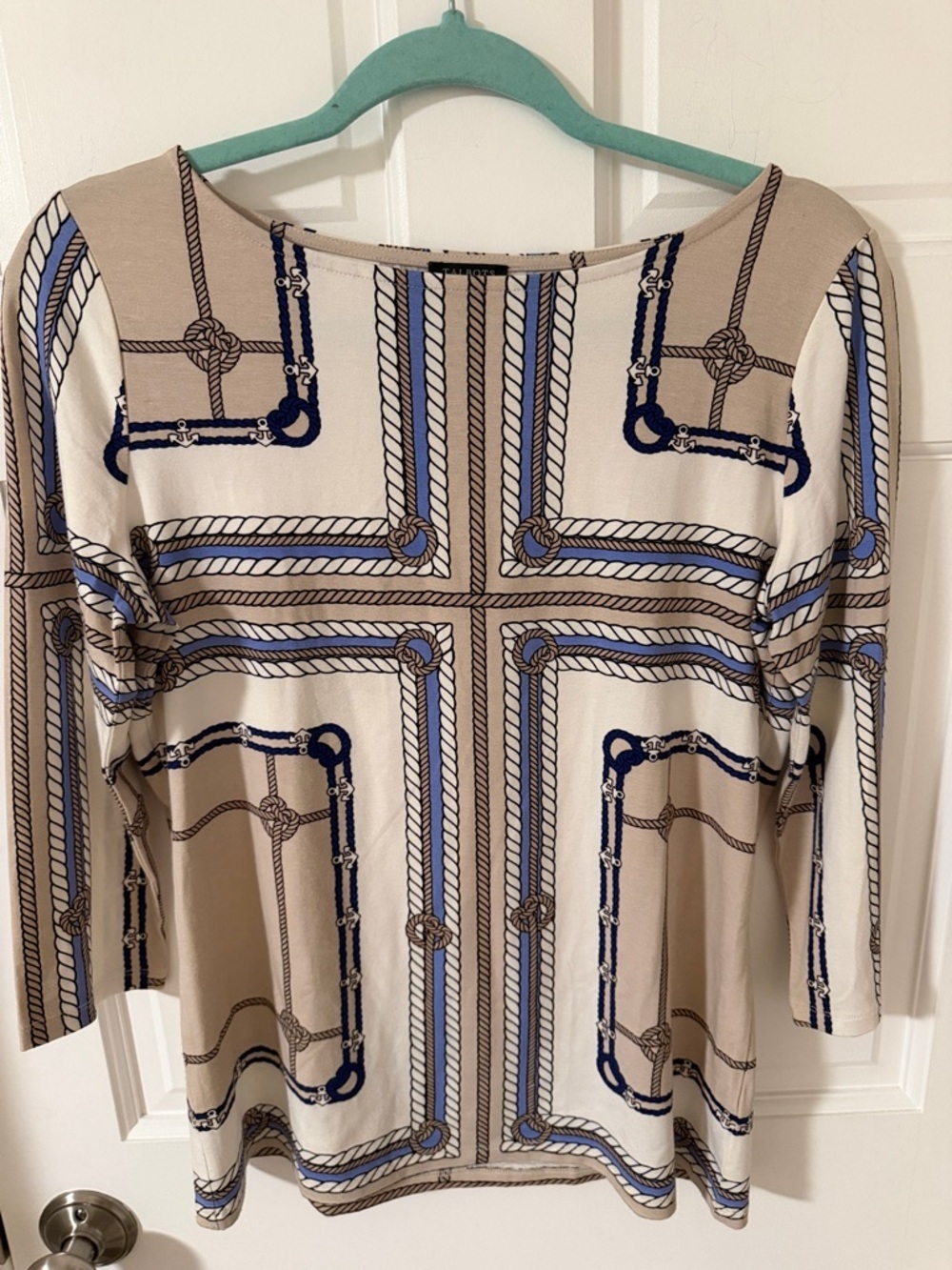 Talbots Nautical Rope-Print Boatneck Pullover Top 3/4 sleeve Anchors M Petite